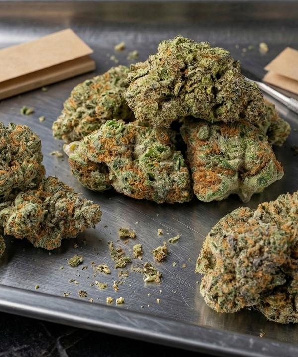 Frosty green Pandemic Punch THCA flower buds with orange pistils on a metal rolling tray.