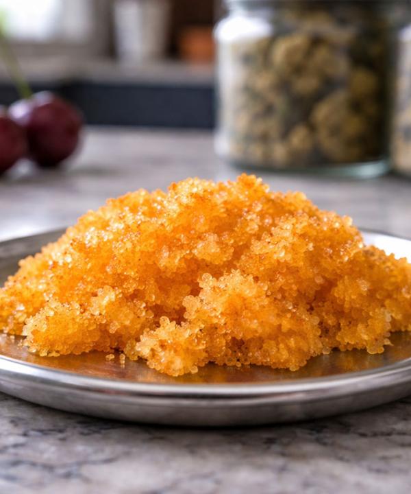 Super Boof THCA crumble on silver dish with rich orange texture and cherry terpene profile