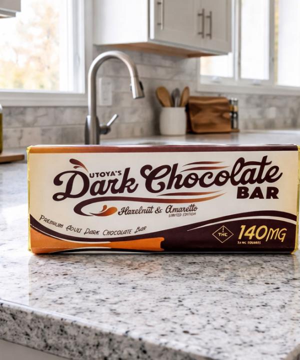 A wide-angle shot of a Utoya 140mg Dark Chocolate Bar with Hazelnut and Amaretto on a granite kitchen countertop.